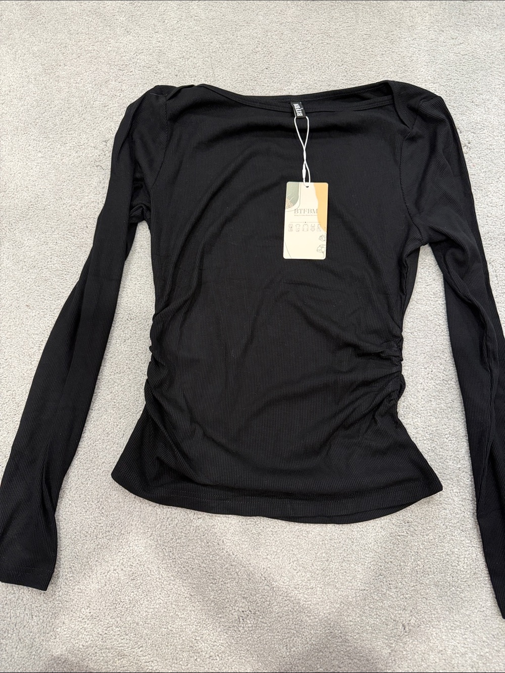 Black Long-Sleeve Ruched Boatneck Top by Unknown Brand
